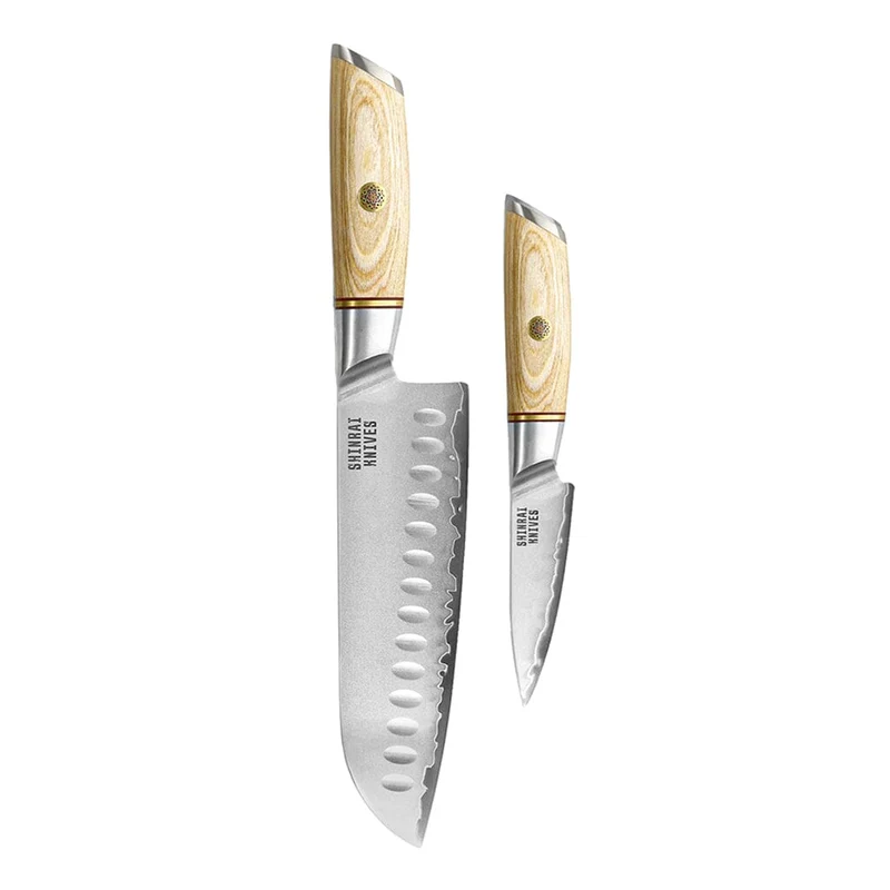 Shinrai Knives - Juego de 2 piezas Hikari Damascus - Santoku + cuchillo para pelar