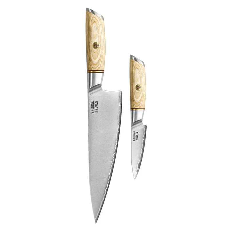 Shinrai Knives - Juego de 2 piezas Hikari Damasco: cuchillo de chef y cuchillo para pelar
