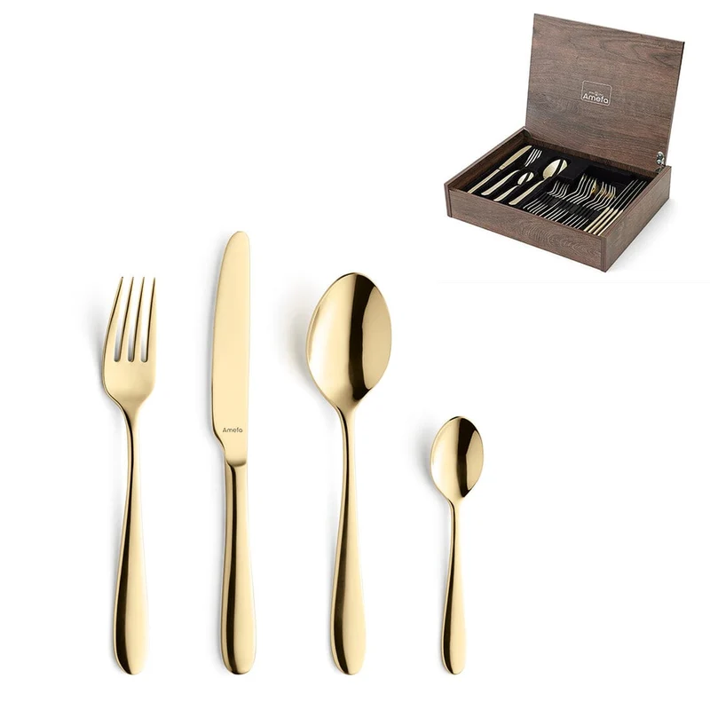 Amefa - Juego de cubiertos Oxford de 24 piezas para 6 personas, PVD dorado brillante, en estuche de lujo
