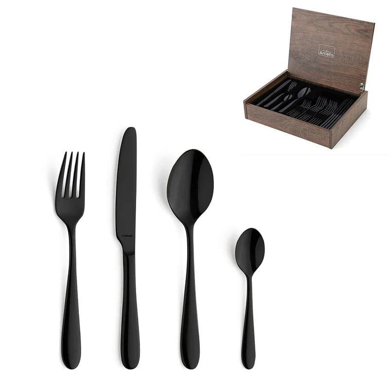 Amefa - Juego de cubiertos Oxford de 24 piezas para 6 personas, PVD negro brillante - en caja de lujo