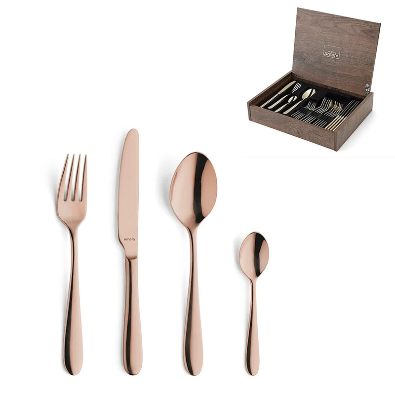 Amefa - Juego de cubiertos Oxford de 24 piezas para 6 personas, PVD cobre brillante - en caja de lujo