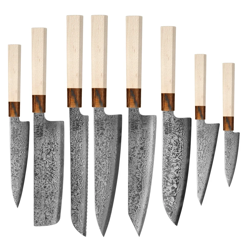 Shinrai Knives - Juego de cuchillos Kōyō Damasco de 8 piezas