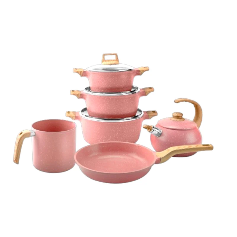 Batería de Cocina de Mármol Cerámico de 10 Piezas – Rosa