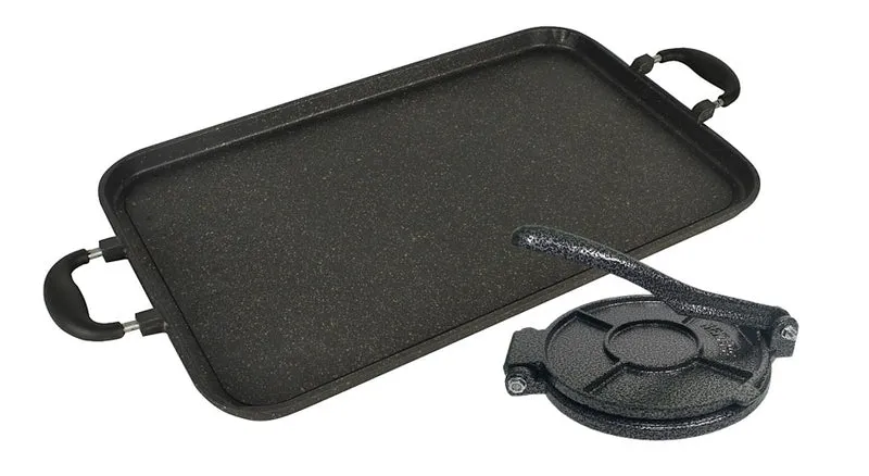 Juego para Hacer Tortillas – Prensa de Hierro Fundido de 7.5" + Comal Liso de Mármol para Dos Quemadores