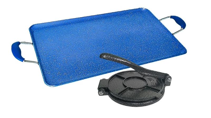 Juego para Hacer Tortillas – Prensa de Hierro Fundido de 7.5" + Comal de Mármol para Dos Quemadores – Solo Estufas de Gas