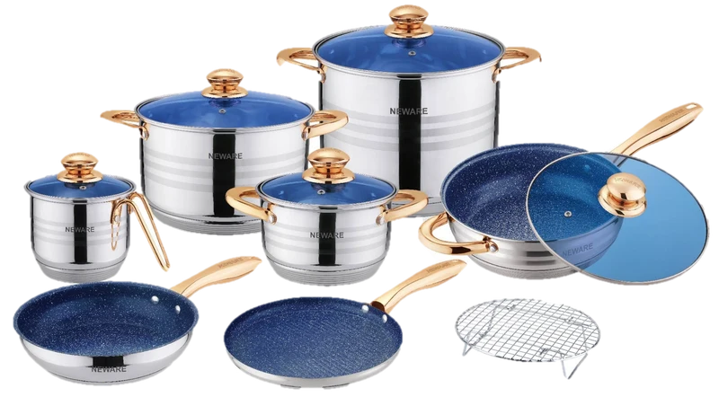 Batería de Cocina de Acero Inoxidable de 13 Piezas – Mármol Azul