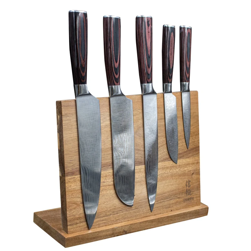 Juego de cuchillos estampado Damasco 5 piezas + Soporte Acacia Doble cara