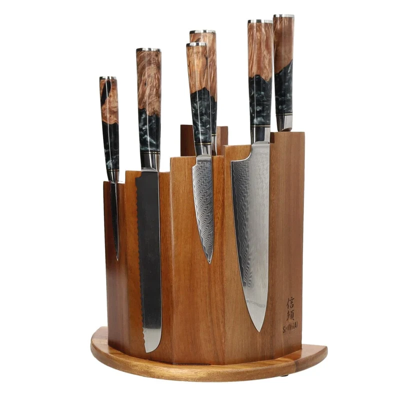 Shinrai Japan - Juego de cuchillos de Damasco de ónix epoxi de 6 piezas + bloque de cuchillos magnético Scalae - Madera de acacia