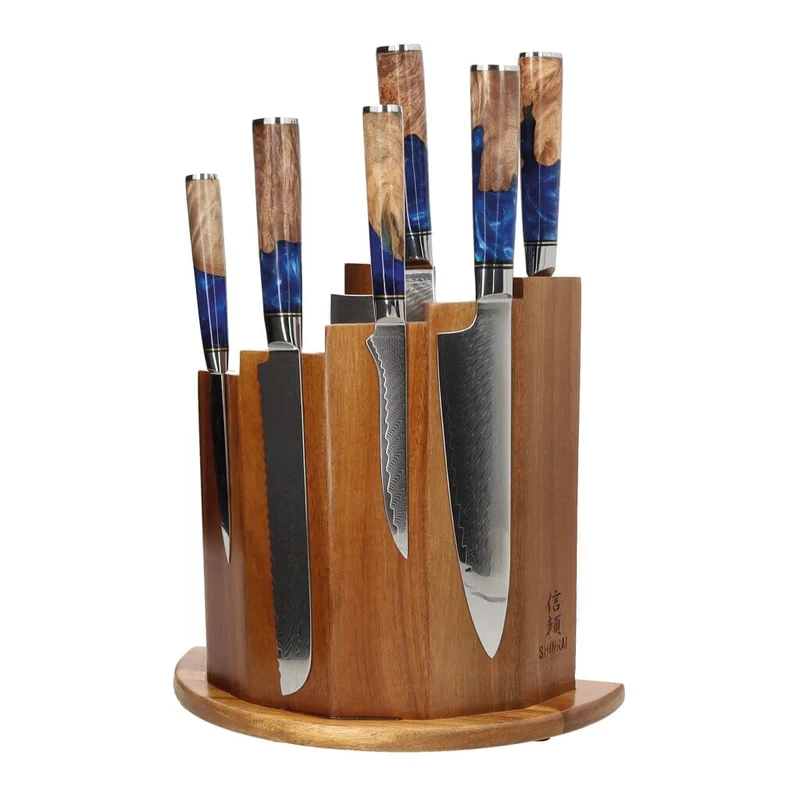 Shinrai Japón - Juego de cuchillos de Damasco de 6 piezas con zafiro epoxi + escalas de bloque magnético para cuchillos - Madera de acacia