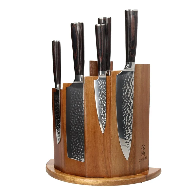 Shinrai Japan - Juego de cuchillos de 6 piezas de acero inoxidable martillado + escalas magnéticas para cuchillos - Madera de acacia