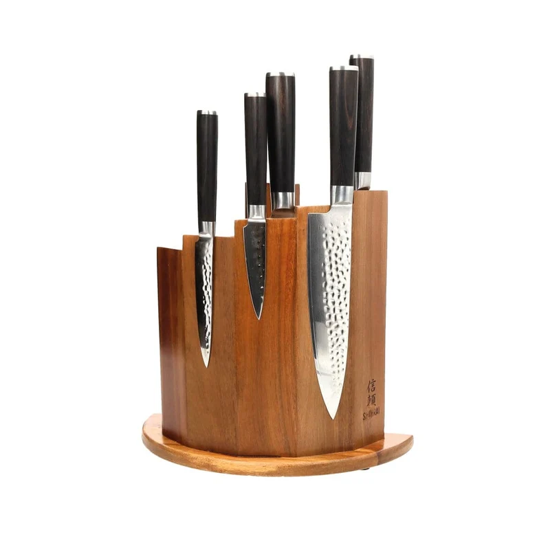 Shinrai Japón - Juego de cuchillos BR de Damasco martillado de 5 piezas + Scalae de bloque magnético para cuchillos - Madera de acacia