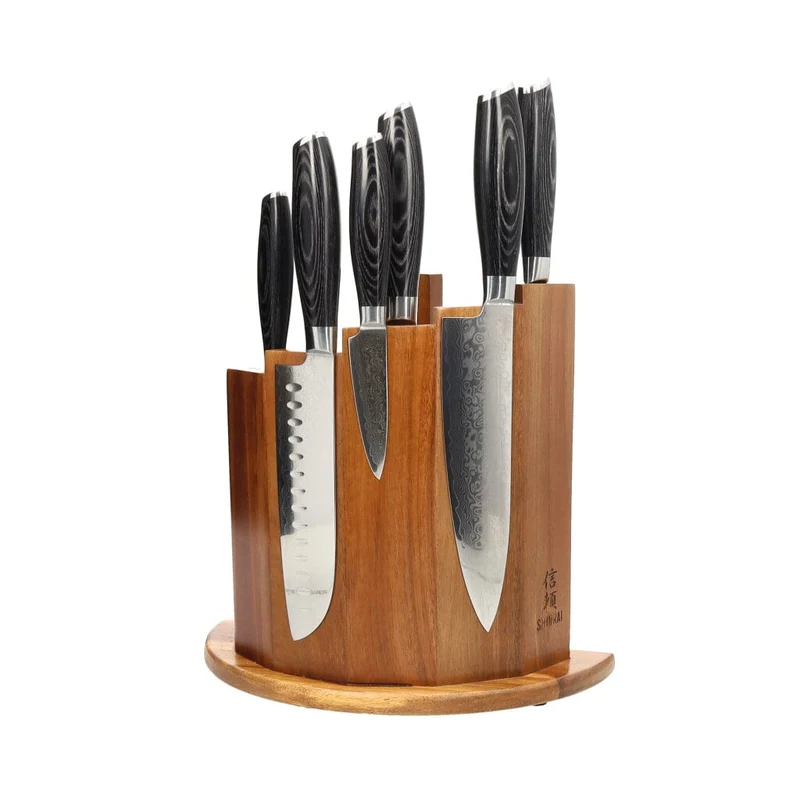 Shinrai Japón - Juego de cuchillos de madera de Damasco Pakka de 6 piezas + bloque de cuchillos magnético Scalae - Madera de acacia