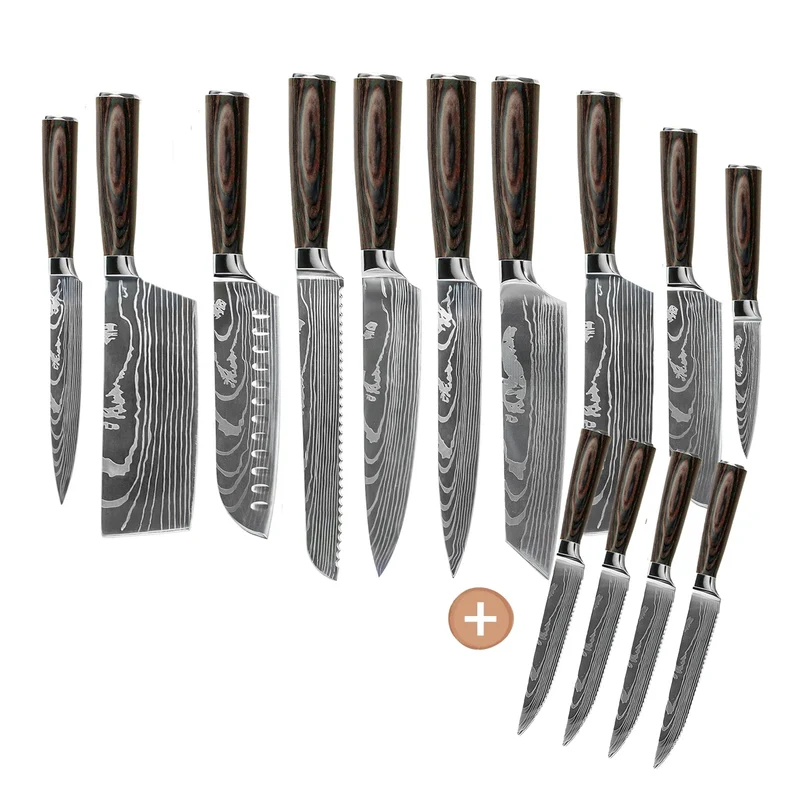 Shinrai Knives - Juego de cuchillos de 14 piezas con estampado de Damasco - Colección Master XXL