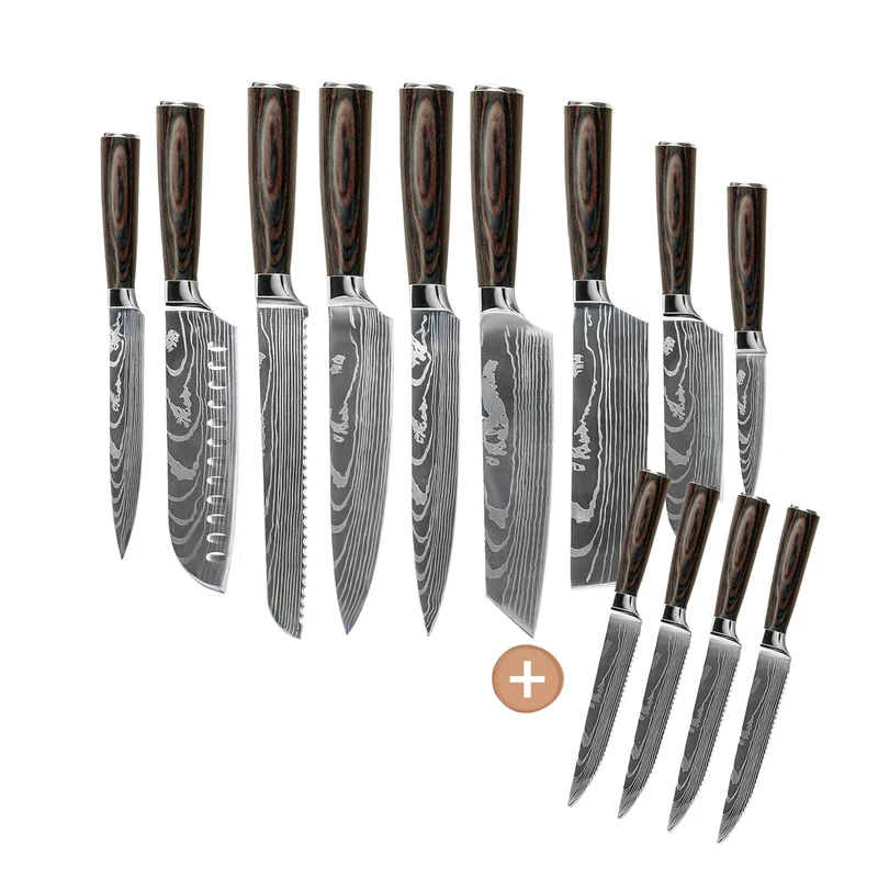 Shinrai Knives - Juego de cuchillos de 13 piezas con estampado de Damasco - Colección Master XL