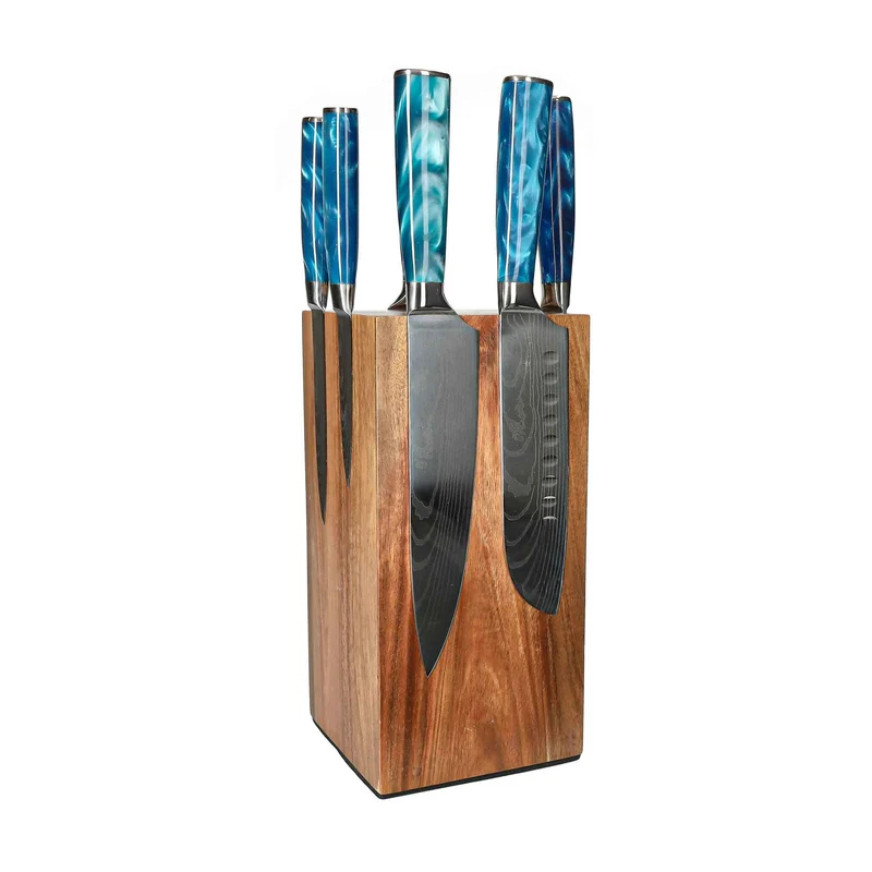 Shinrai Knives - Juego de 6 cuchillos de zafiro con estampado de Damasco + Bloque de cuchillos giratorio