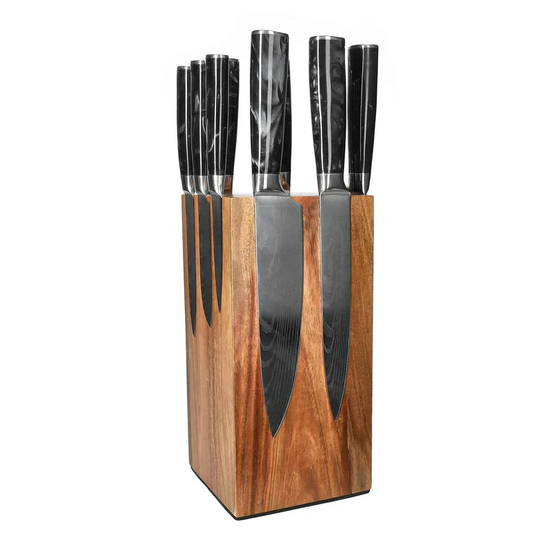 Shinrai Knives - Juego de 9 cuchillos de ónix con estampado de Damasco + Bloque de cuchillos giratorio