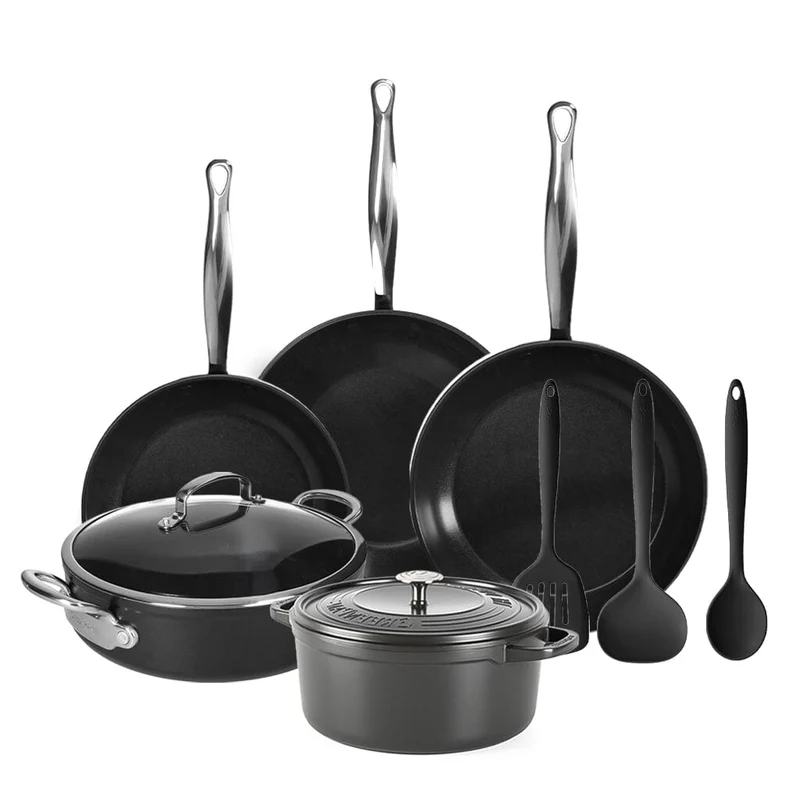 GreenPan - Barcelona Pro All You Need Juego de sartenes de 9 piezas 20/24/24/28/22 cm - 2 sartenes + cacerola con tapa + wok + bandeja de asar + juego de espátulas de 3 piezas