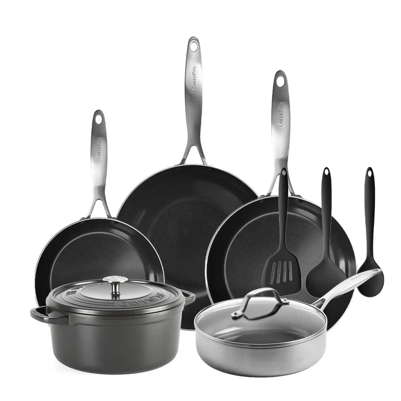 GreenPan - Juego de sartenes Geneva All You Need de 9 piezas 18/24/24/28/28 cm - 2 sartenes + cacerola con tapa + wok + bandeja para asar + juego de espátulas de 3 piezas