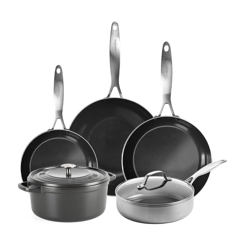 GreenPan - Juego de sartenes Geneva XL de 6 piezas 18/24/24/28/28 cm - 2 sartenes + cacerola con tapa + wok + bandeja para asar