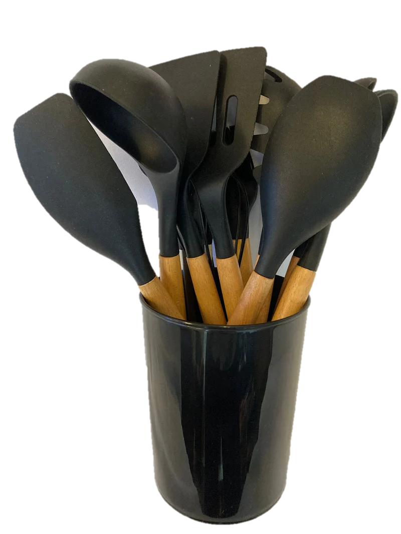 Juego de 12 Utensilios de Cocina de Silicona con Mangos de Madera y Organizador