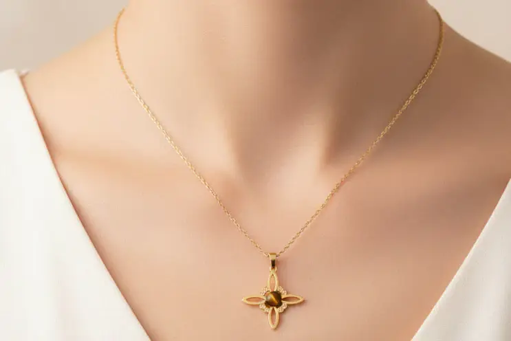 Colgante dorado nudo de bruja con ojo de tigre