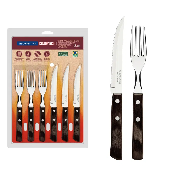 Tramontina Churrasco 12-Piece Steak Cutlery Set with Brown Polywood Handles and Rivets – Built for Barbecue Lovers
