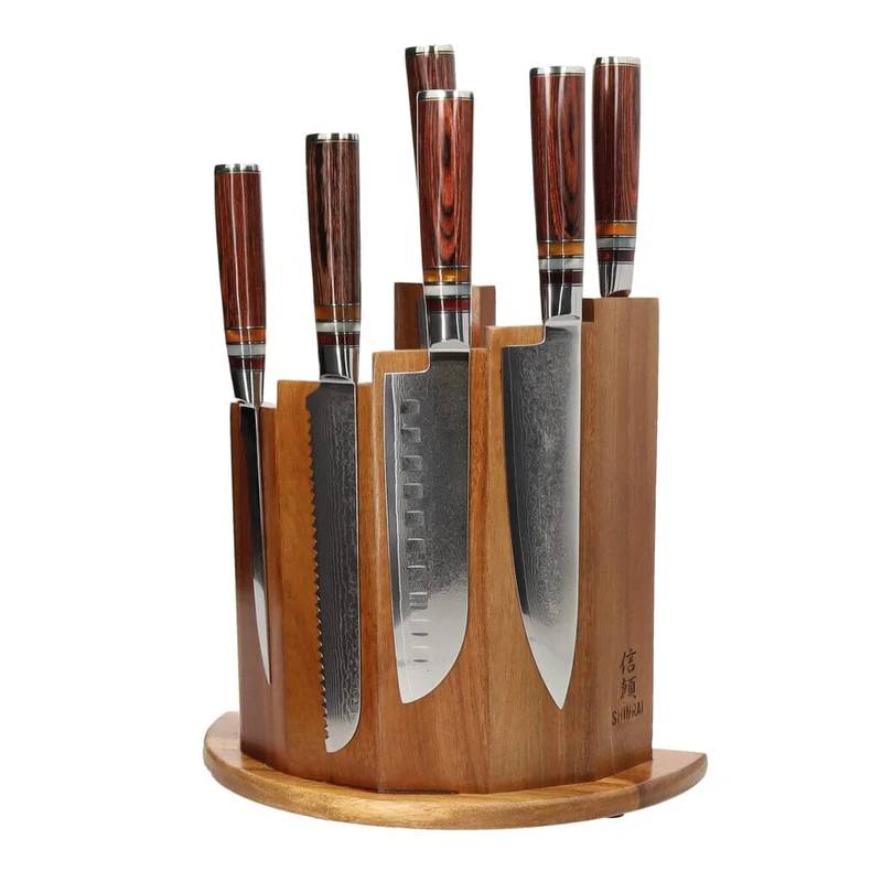 Shinrai Japón - Micarta Jewels Juego de cuchillos de Damasco de 7 piezas + Bloque de cuchillos magnético Scalae - Madera de acacia