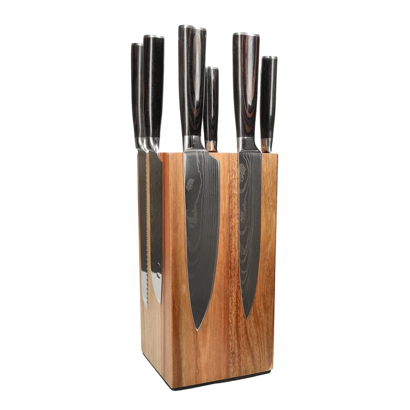 Shinrai Knives - Juego de 7 cuchillos con estampado de Damasco + Bloque de cuchillos giratorio