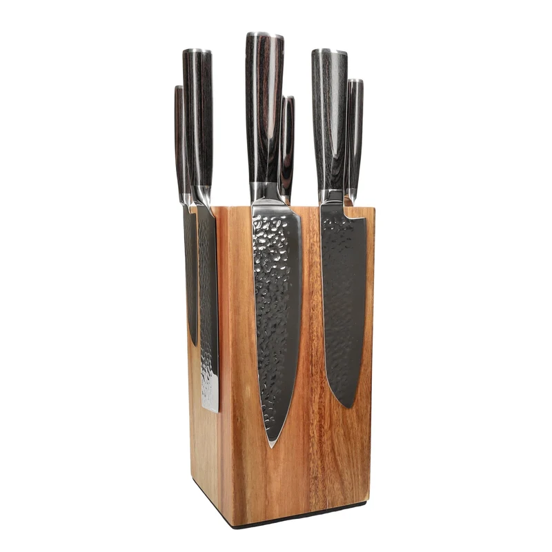 Shinrai Knives - Juego de 6 cuchillos de acero inoxidable martillado + bloque de cuchillos giratorio