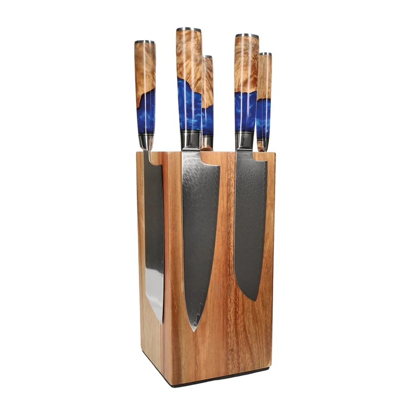 Shinrai Knives - Juego de 6 cuchillos de zafiro epoxi + bloque de cuchillos giratorio