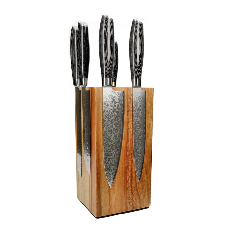 Shinrai Knives - Juego de 6 cuchillos de madera de pakka de damasco + bloque de cuchillos giratorio