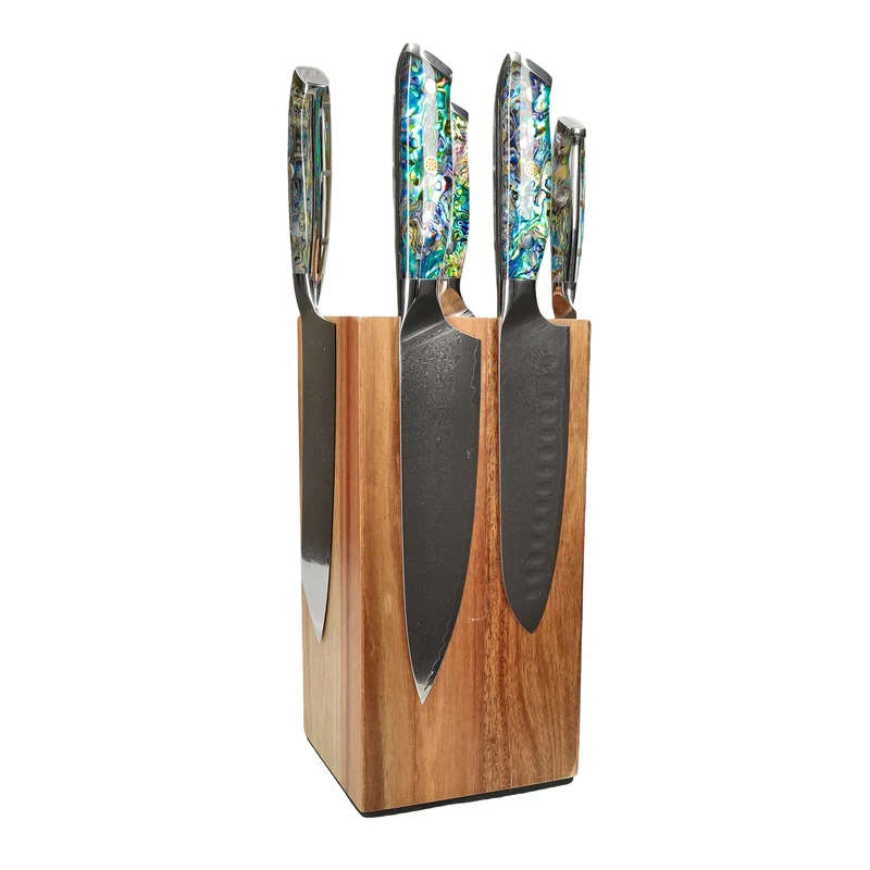 Shinrai Knives - Juego de 5 cuchillos con piedras de nácar + bloque de cuchillos giratorio