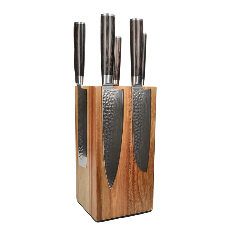Shinrai Knives - Juego de 5 cuchillos de damasco martillado BR + bloque de cuchillos giratorio