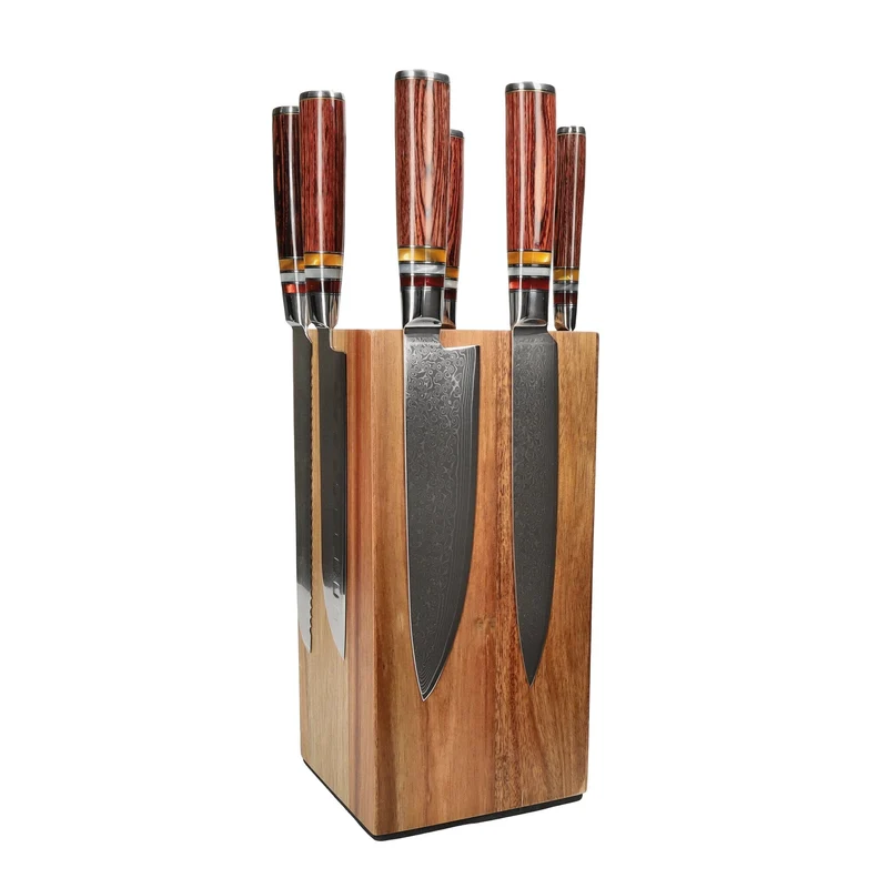 Shinrai Knives - Juego de 7 cuchillos Micarta Jewels + Bloque de cuchillos giratorio