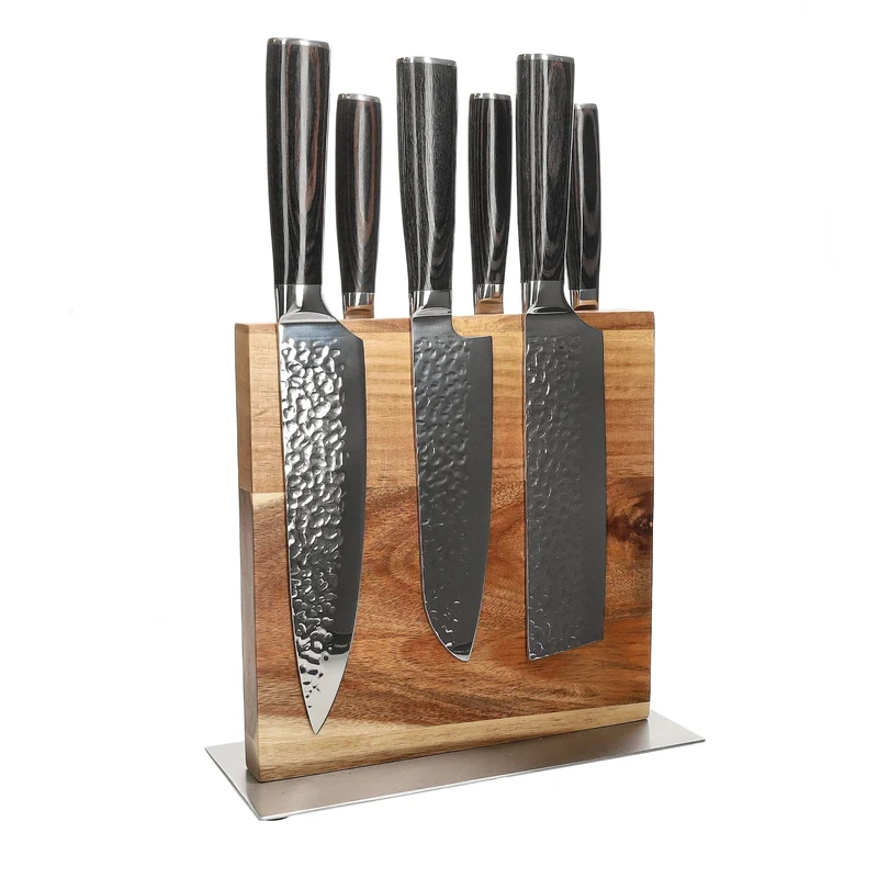 Shinrai Knives - Juego de 6 cuchillos de acero inoxidable martillado + bloque de cuchillos de doble cara Cito