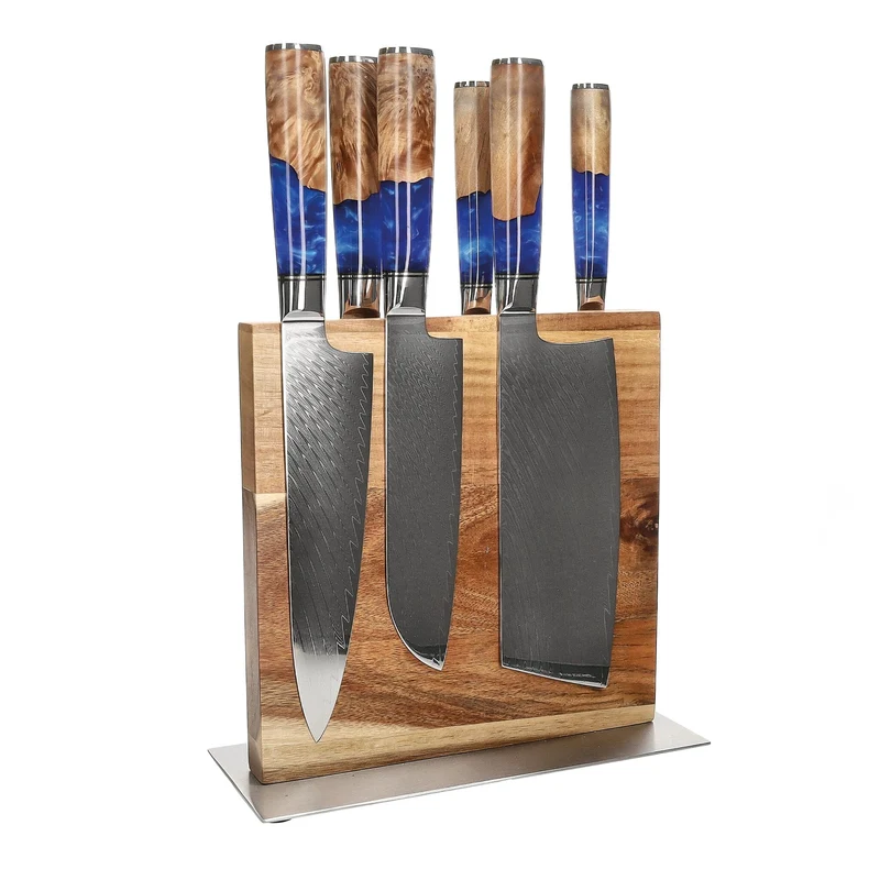 Shinrai Knives - Juego de 6 cuchillos de zafiro epoxi + bloque de cuchillos de doble cara Cito