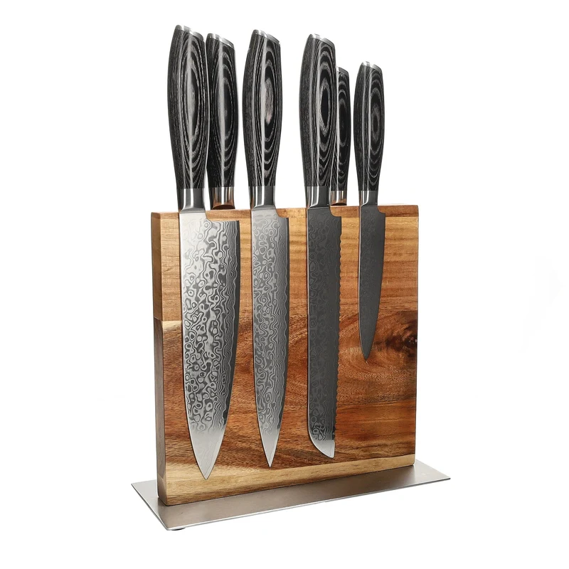 Shinrai Knives - Juego de 6 cuchillos de madera de pakka de damasco + bloque de cuchillos de doble cara Cito