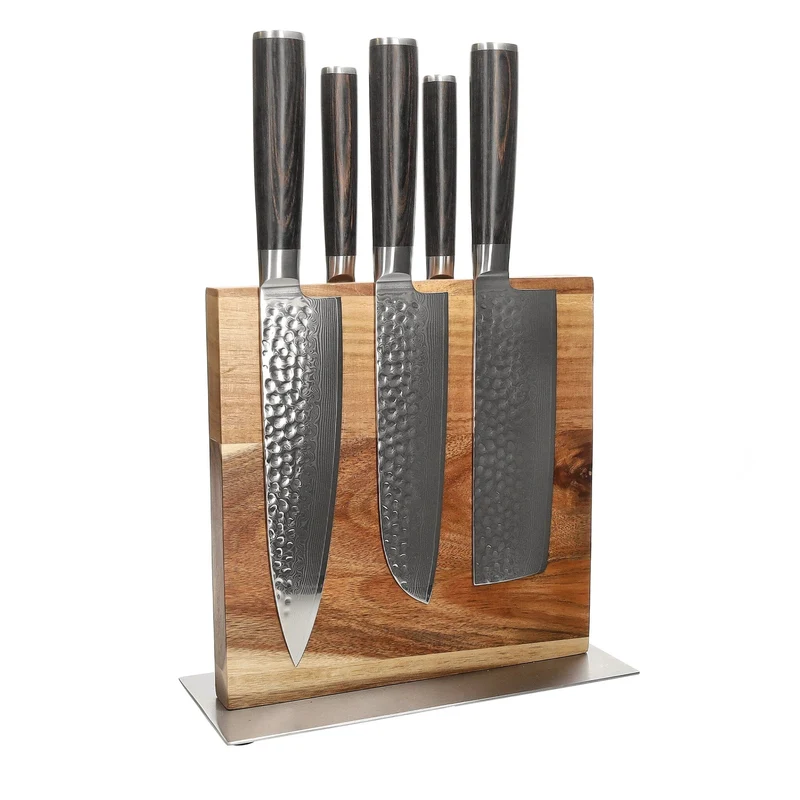 Shinrai Knives - Juego de 5 cuchillos de damasco martillado BR + bloque de cuchillos de doble cara Cito