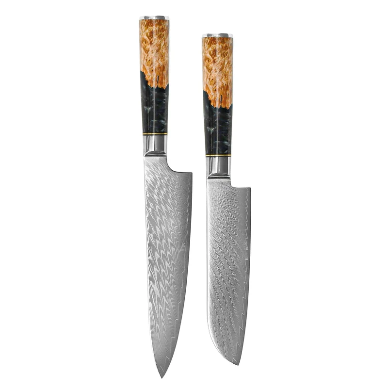Shinrai Knives - Juego de 2 cuchillos de Damasco de ónix epoxi - Cuchillo de chef + cuchillo Santoku
