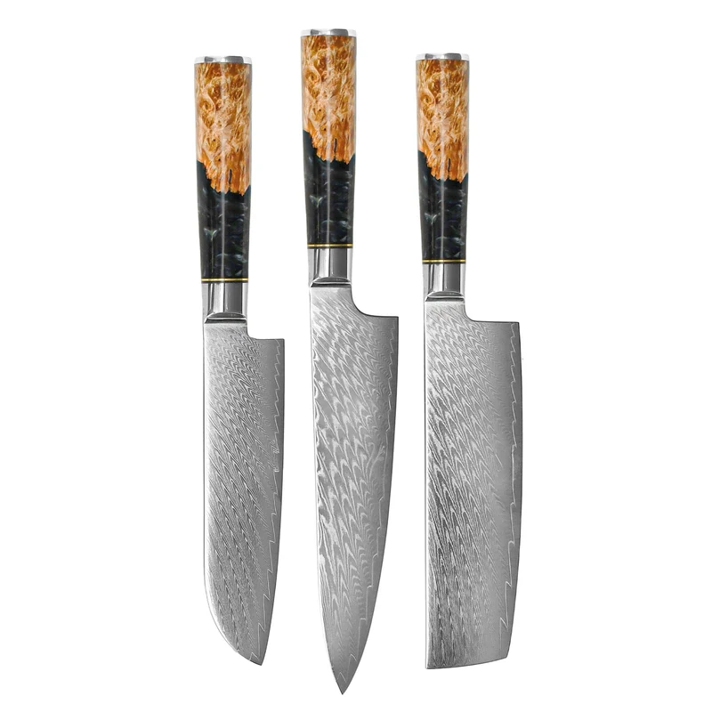 Shinrai Knives - Juego de 3 cuchillos de Damasco de ónix epoxi: cuchillo de chef, nakiri y santoku