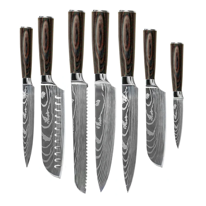 Shinrai Japón - Damascus Print juego de cuchillos de 7 piezas