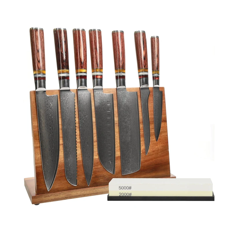 Shinrai Knives - Juego de 7 cuchillos Micarta Jewels + Bloque de cuchillos + Piedra de afilar