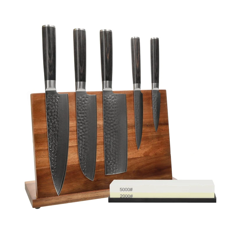 Shinrai Knives - Juego de 5 cuchillos de damasco martillado BR + bloque de cuchillos + piedra de afilar