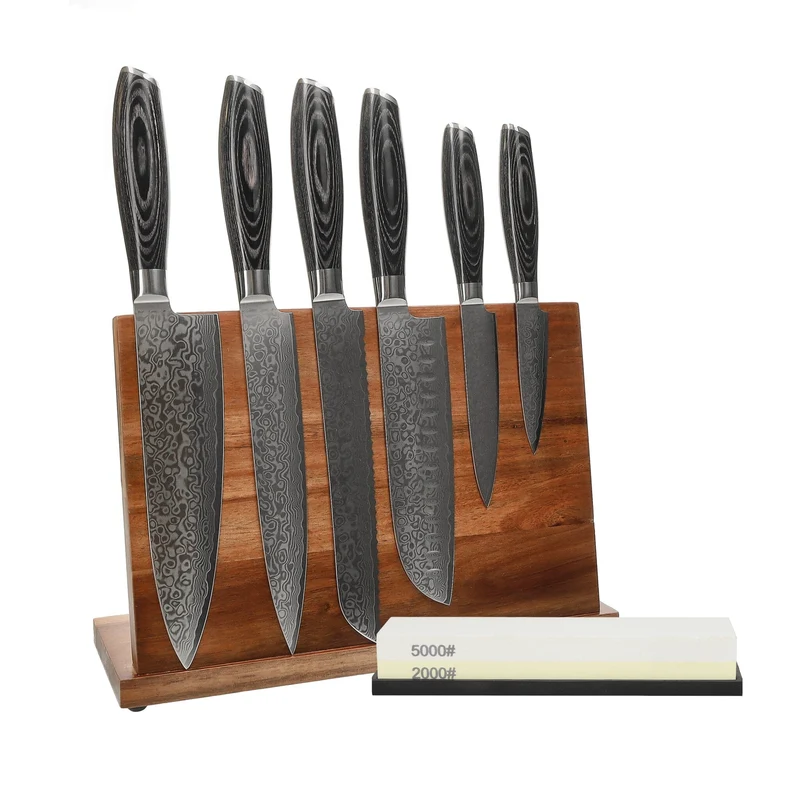 Shinrai Knives - Juego de 6 cuchillos de madera de pakka de damasco + bloque de cuchillos + piedra de afilar