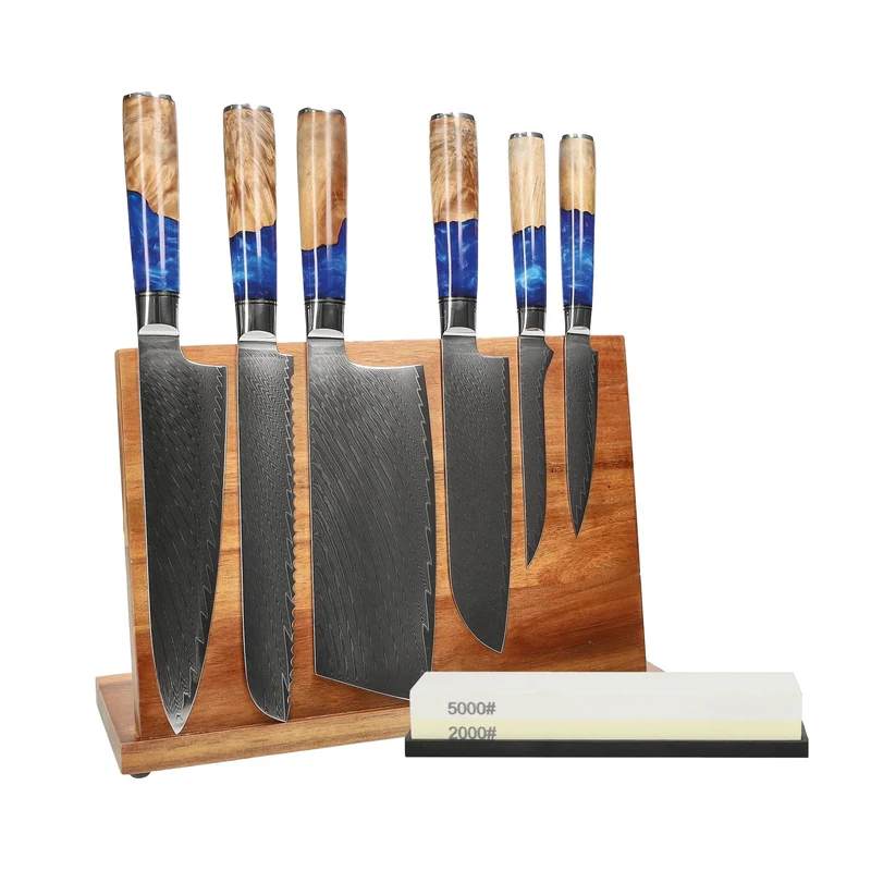 Shinrai Knives - Juego de 6 cuchillos de zafiro epoxi + bloque de cuchillos + piedra de afilar