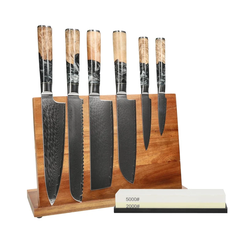 Shinrai Knives - Juego de 6 cuchillos de ónix epoxi + bloque de cuchillos + piedra de afilar
