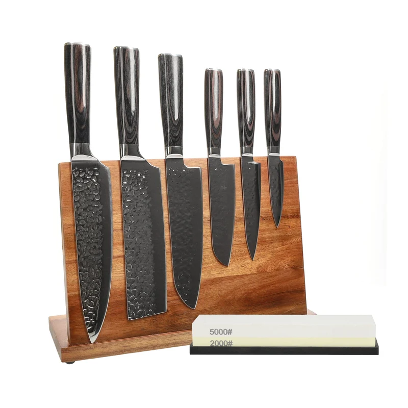 Shinrai Knives - Juego de 6 cuchillos de acero inoxidable martillado + bloque de cuchillos + piedra de afilar