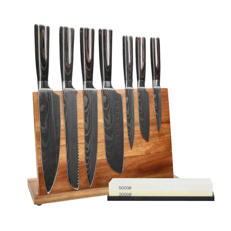 Shinrai Knives - Juego de 7 cuchillos con estampado de Damasco + Bloque de cuchillos + Piedra de afilar