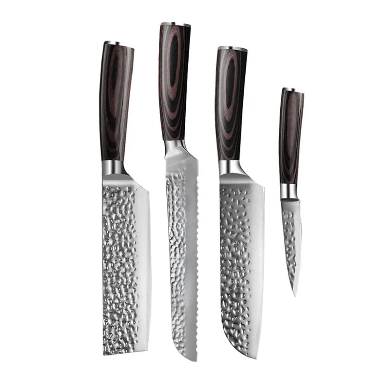 Shinrai Knives - Juego de 4 cuchillos de acero inoxidable martillado: Santoku, cuchillo para pan, nakiri y cuchillo para pelar