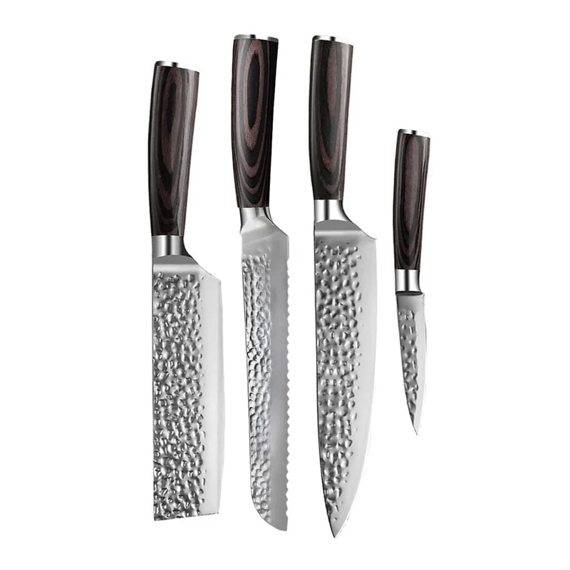 Shinrai Knives - Juego de 4 cuchillos de acero inoxidable martillado: cuchillo de chef, cuchillo de pan, nakiri y cuchillo para pelar